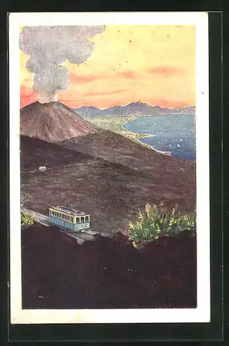 AK Neapel, Vesuvianische Eisen- und Drahtseilbahn, Vesuv, Vulkan