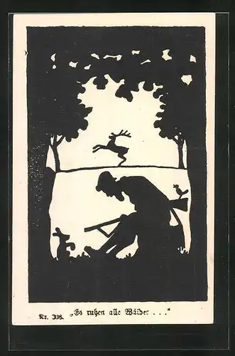 AK Jäger betrachtet den kleinen Hasen, Scherenschnitt