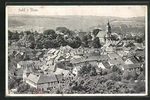 AK Suhl i. Thür., Blick über die Dächer der Stadt zur Kirche