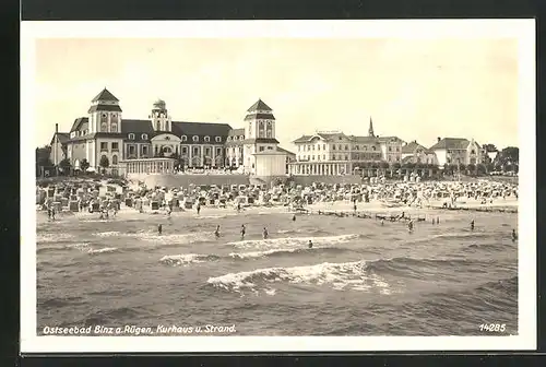 AK Binz a. Rügen, Blick von der Ostsee auf den Strand und das Kurhaus