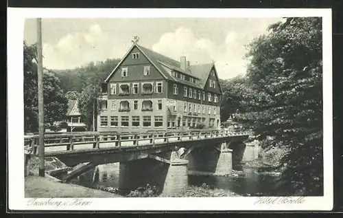 AK Treseburg im Harz, an der Brücke zum Hotel Forelle