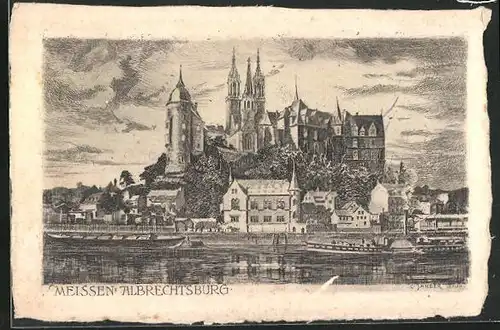 Künstler-AK Meissen, Blick vom Fluss auf die Albrechtsburg
