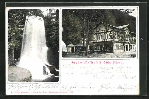 AK Schandau, Grosser Wasserfall in der sächs. Schweiz, am Gasthaus