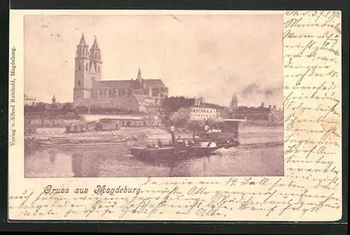 AK Magdeburg, Blick von der Elbe zum Dom