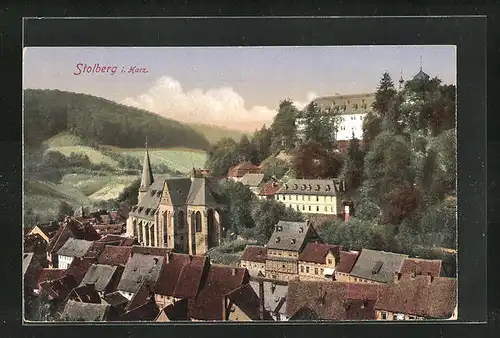 AK Stolberg i. Harz, Blick über die Dächer der Stadt hoch zum Schloss