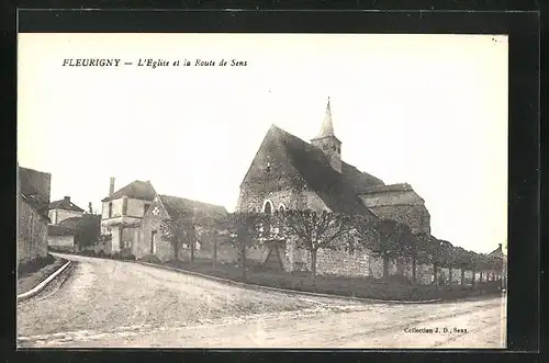 AK Fleurigny, L`Eglise et la Route de Sens