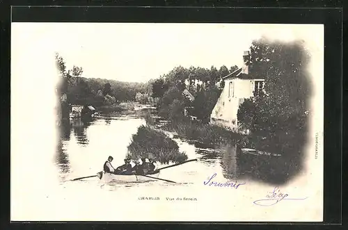 AK Chablis, Vue du Serein, Männer in einem kleinen Boot