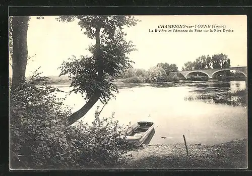 AK Champigny-sur-Yonne, La Riviere et l`Amorce du Pont sur la Riva Droite