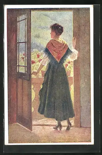 AK Deutscher Schulverein Nr. 1213: schönes Fräulein blick aus dem Fenster auf den Ort
