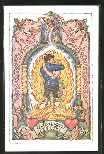 AK Deutscher Schulverein Nr. 1261: St. Floriant hilft!, Liebespaar küsst sich im Feuer, Engel, Teufel und Herzen