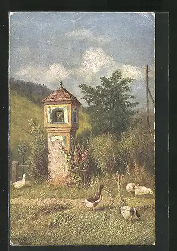 AK Deutscher Schulverein Nr. 1062: Enten und Gänse vor einer kleinen Betstelle