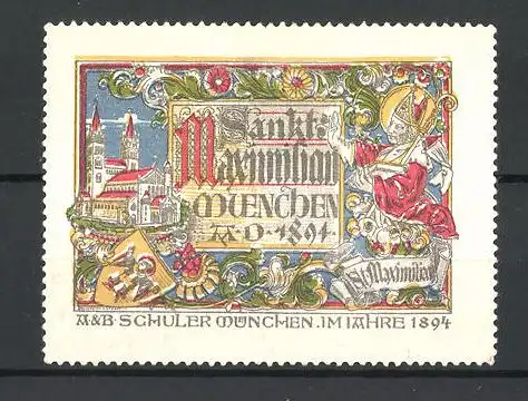 Reklamemarke München, Sankt Maximilian-Geldlotterie 1894, Kirche, Stadtwappen, St. Maximilian