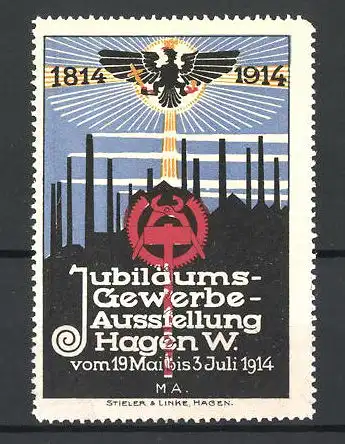 Reklamemarke Hagen i. W., Jubiläums-Gewerbe-Ausstellung 1914, 1814-1914, Fabriksilhouette, Adler