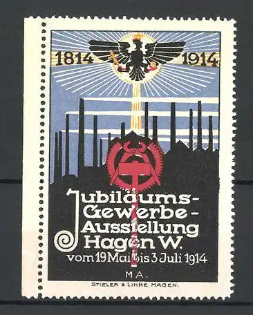 Reklamemarke Hagen i. W., Jubiläums-Gewerbe-Ausstellung 1914, 1814-1914, Fabriksilhouette, Adler