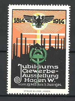 Reklamemarke Hagen i. W., Jubiläums-Gewerbe-Ausstellung 1914, 1814-1914, Fabriksilhouette, Adler