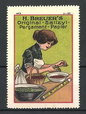 Reklamemarke H. Breuer's Original Salizyl-Pergament-Papier, Hausfrau backt einen Obstkuchen