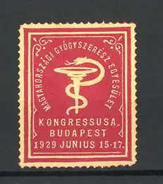 Präge-Reklamemarke Budapest, Kongressusa 1929, Magyarorszagi Gyogyszeresz Egyesület, Schlange an einer Schale