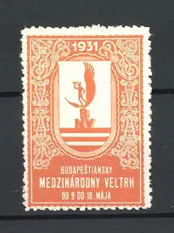 Reklamemarke Budapest, Medzinárodny Veltrh 1931, Wappen mit Hermes und Messelogo