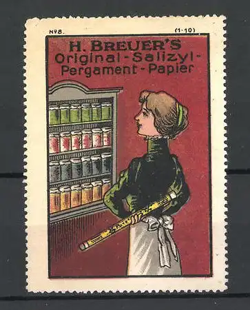Reklamemarke H. Breuer's Original Salizyl-Pergament-Papier, Hausfrau steht vor einem Gewürzregal, Bild 8