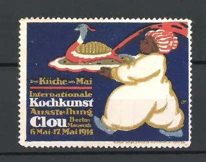 Reklamemarke Berlin, Internationale Kochkunst-Ausstellung 1914, Koch serviert einen Truthahn auf dem Tablett