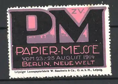 Reklamemarke Berlin, Papier-Messe 1914, Messelogo und Stadtsilhouette