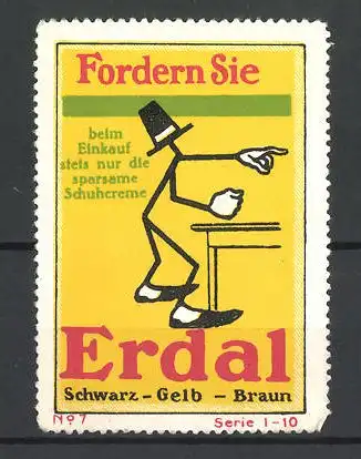 Reklamemarke Erdal sparsame Schuhcreme, Figur mit Hut und Schuhen am Tisch stehend, Bild 7