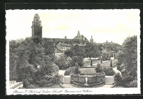 AK Plauen i. V., Blick auf Isidore Schmidt-Brunnen und Rathaus