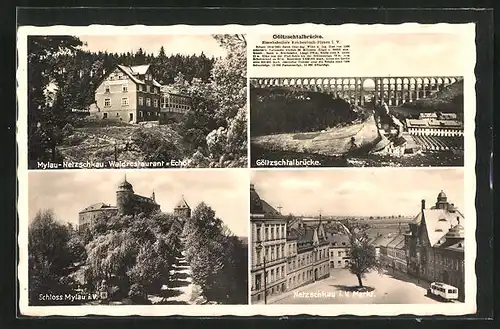 AK Mylau i. V., Waldrestaurant Echo, Schloss, Markt in Netzschkau, Göltzschtalbrücke