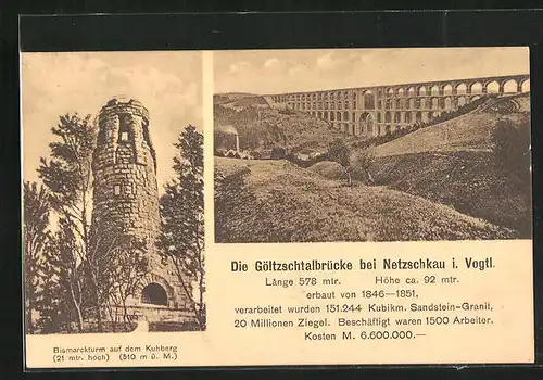 AK Netzschkau i. V., Bismarckturm auf dem Kuhberg, Göltzschtalbrücke