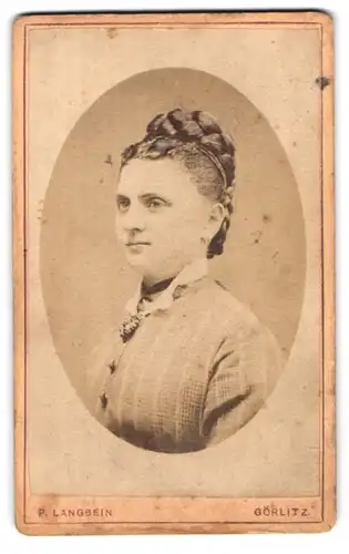 Fotografie P. Lanbein, Görlitz, Louisen-Str. 17, Portrait Frau im karierten Kleid mit Hochsteckfrisur