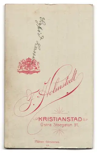 Fotografie F. Holmstedt, Kristianstad, Östra Storgatan 91, Portrait junge Frau Siegrid, weisses Kleid mit Hochsteckfrisur