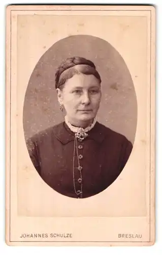 Fotografie Johannes Schulze, Breslau, Matthias Platz 13, Portrait ältere Frau im Kleid mit Hochsteckfrisur