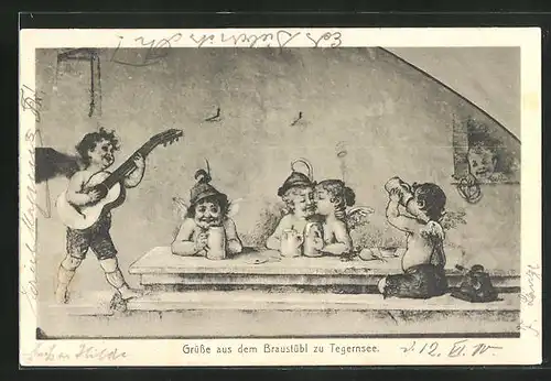 AK Tegernsee, Gasthaus Braustübl, Wandgemälde mit Engeln