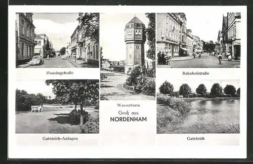 AK Nordenham, Hansingstrasse, Gateteich-Anlagen, Bahnhofstrasse und Wasserturm