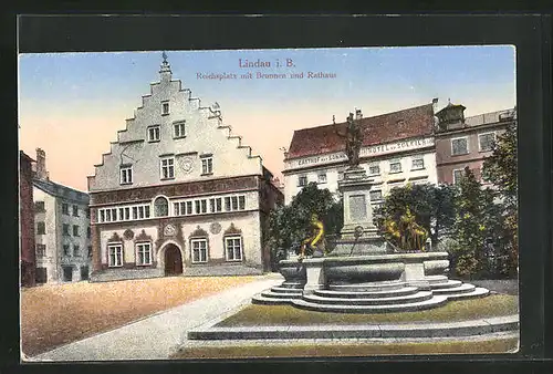 AK Lindau, Reichsplatz mit Brunnen und Rathaus
