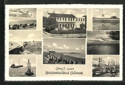 AK Büsum, Ortsansicht, Strandpartie, Fischerboote im Hafen, Leuchtturm