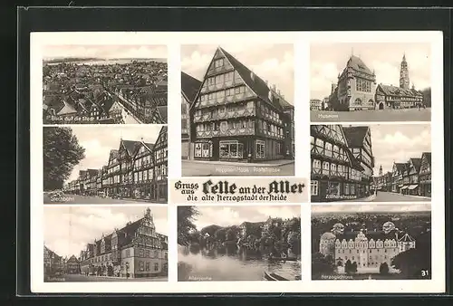 AK Celle, Gesamtansicht, Rathaus, Allerpartie, Museum, Herzogschloss, Zöllnerstrasse, Höppner-Haus, Poststrasse