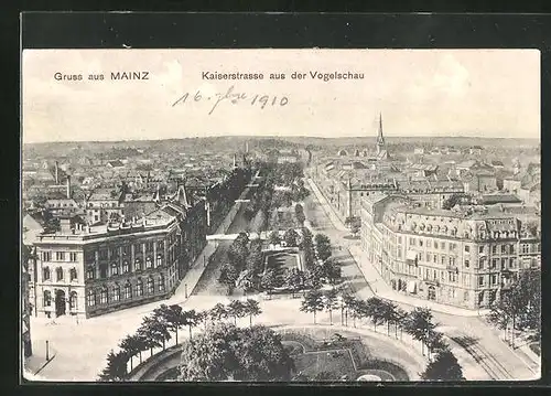 AK Mainz, Kaiserstrasse aus der Vogelschau
