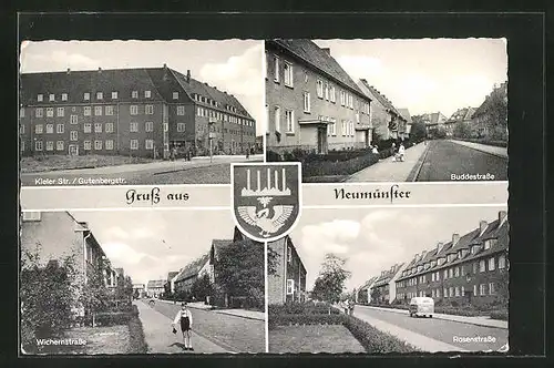 AK Neumünster, Kieler Strasse /Gutenbergstr., Buddestrasse, Wichernstrasse, Rosenstrasse