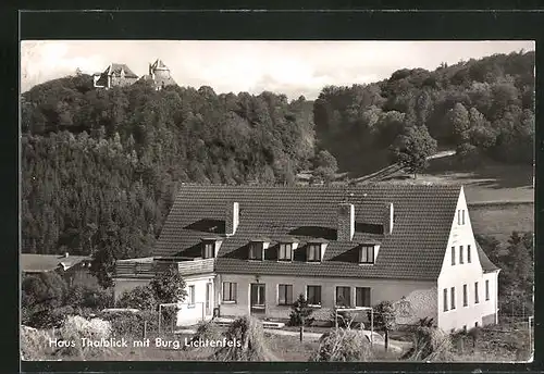 AK Dalwigksthal, Hotel-Pension Thalblick mit Burg Lichtenfels
