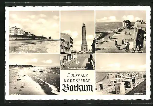 AK Borkum / Nordsee, Strandpartie und Leuchtturm