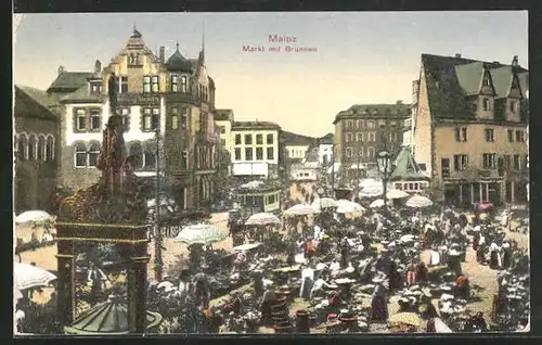AK Mainz, Markt mit Brunnen