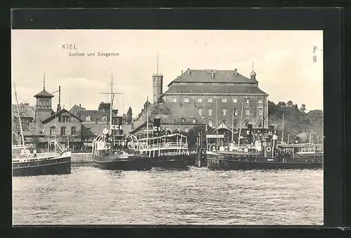 AK Kiel, Schloss und Seegarten, Dampfer im Hafen