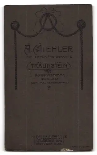 Fotografie A. Miehler, Traunstein, Königsstrasse, Portrait schöne Frau im prachtvollen Kleid am Stuhl lehnend