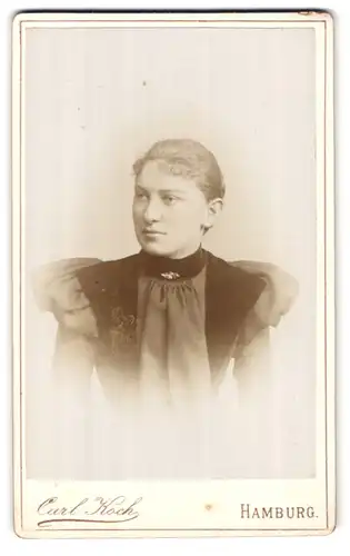 Fotografie Carl Koch, Hamburg, Neuerwall 30, Portrait bildschlne junge Frau mit Brosche am prachtvollen Kleid
