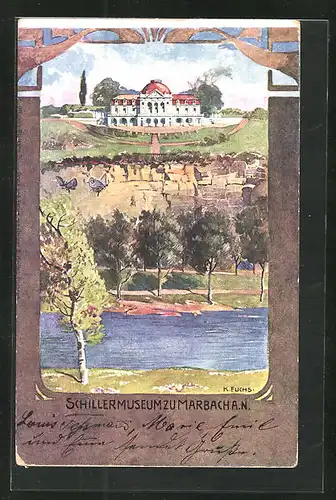 AK Marbach a. N., Fluss mit Schillermuseum