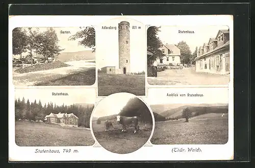 AK Schmiedefeld, am Stutenhaus, Turm auf dem Adlersberg, Gartenpartie