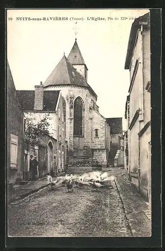 AK Nuits-sous-Ravieres, L`Eglise, Gänse vor der Kirche