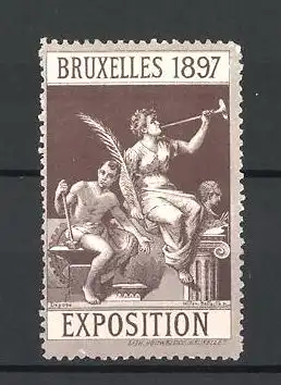 Reklamemarke Bruxelles, Esposition 1897, Göttin und nackter Arbeiter mit Beil