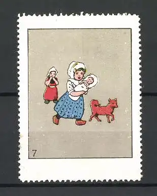 Reklamemarke Mädchen in niederländischer Tracht mit Puppe und Hund